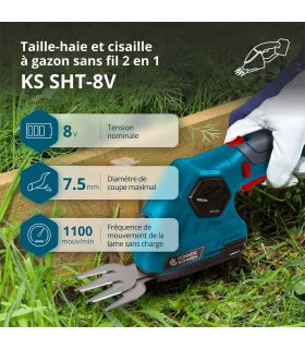 Taille-haie et cisaille à gazon 2 en 1 sans fil avec manche télescopique KS SHT-8V + Extension Pole