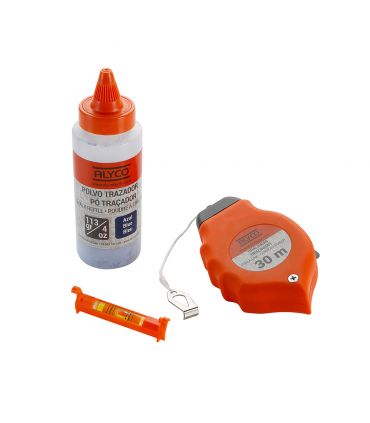 SET DE 3 PCES CORDEAU TRACEUR, BIDON DE POUDRE ET MINI NIVEAU ALYCO ORANGE