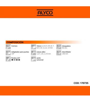SET DE CLÉS À DOUILLES ET ACCESSOIRES 1/4" 35 PCS ALYCO ORANGE
