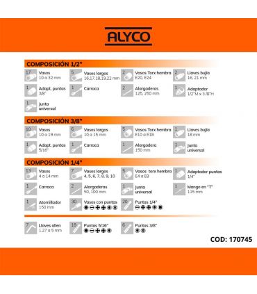 SET DE CLÉS À DOUILLE 1/2 "+ 3/8" + 1/4 " 171 PIÈCES ALYCO ORANGE