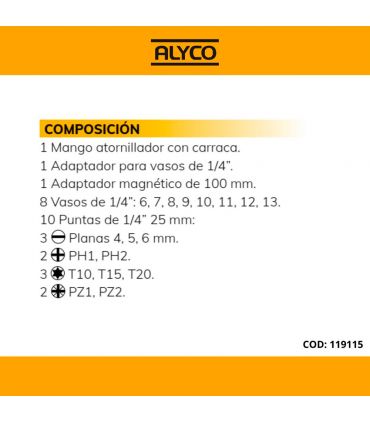 Set tourn. avec cliquet+pcs+douilles ALYCO 119115