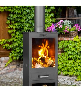 Poêle à bois d'extérieur ROSA, avec rangement pour bois, acier naturel, CookKing, 111485