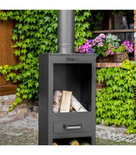 Poêle à bois d'extérieur ROSA, avec rangement pour bois, acier naturel, CookKing, 111485