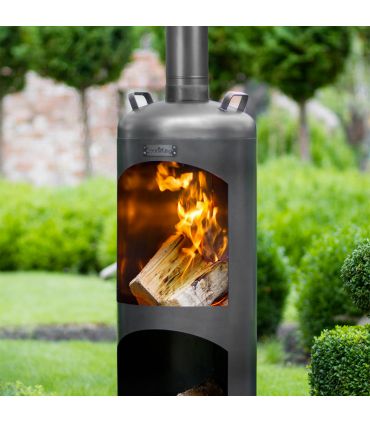 Poêle à jardin Faro, acier naturel, rangement bûches inclus, CookKing, 111480