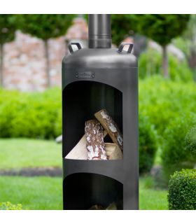 Poêle à jardin Faro, acier naturel, rangement bûches inclus, CookKing, 111480