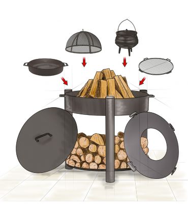 Braséro de jardin MONTANA 60cm, acier naturel, avec support à bois, CookKing, 111361