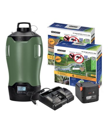 Pack nébuliseur anti-moustique e-25 ml 21V + Kit Geyser 125m de tuyau + Batterie 4,0Ah + Chargeur rapide 21V STOCKER PA