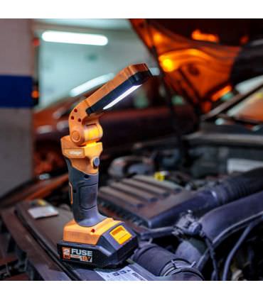 Lampe d’inspection sur batterie rechargeable électrique 18V pliante et tournante 180° avec batterie et chargeur Fuse VLN 9120.
