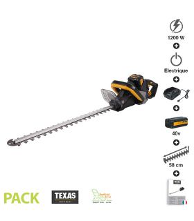Pack taille haies sans fil coupe 58cm avec batterie 40V et chargeur poignée rotative Texas HTX4000 Pack taille haies sans fil coupe 58cm avec batterie 40V et chargeur poignée rotative Texas HTX4000