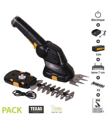 Pack cisaille à gazon 70mm et taille arbuste 120mm batterie lithium USB Texas HTG360LI