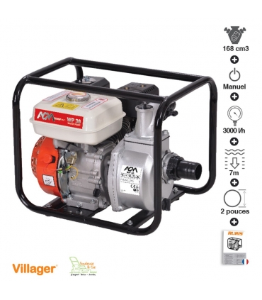 Motopompe thermique 7cv 168cm3 6,5cv débit 30m3/h VILLAGER AGM WP30 raccord 2 pouces