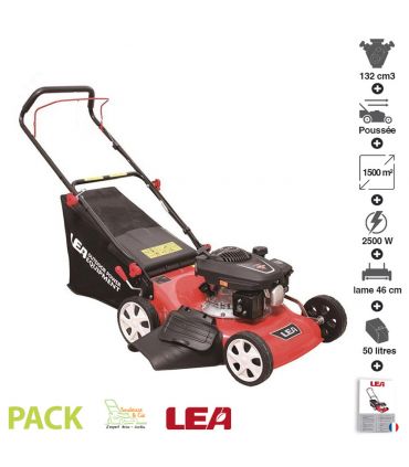 Tondeuse à gazon mulching 4 temps 132cm3 coupe 46cm bac 45 litres LEA