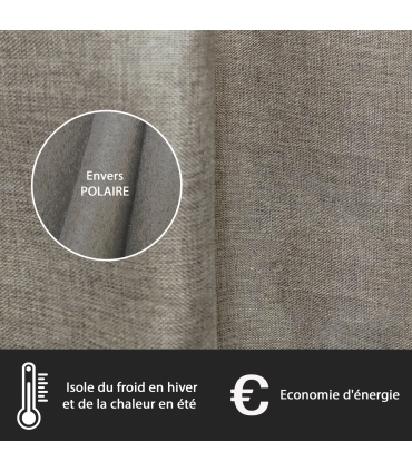 Rideau thermique effet lin chiné doublé polaire ton sur ton à œillets, Taupe - 135x240cm prêt a poser Atout Ciel