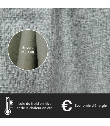 Rideau thermique effet lin chiné doublé polaire ton sur ton à œillets, Kaki clair - 135x240cm prêt a poser Atout Ciel