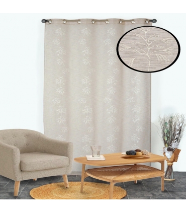 Voilage Brodé Végétal à Œillets Gomme Beige - 140x240cm - Prêt à Poser