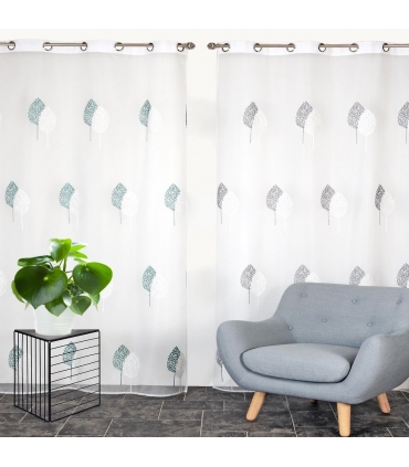 Voilage Brodé Feuilles à Œillets Gomme Bleu - 140x240cm - Prêt à Poser