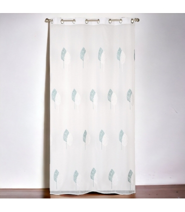 Voilage Brodé Feuilles à Œillets Gomme Bleu - 140x240cm - Prêt à Poser