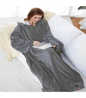 Plaid à Manches en Flanelle, Gris, 140x170cm - Atout Ciel