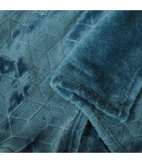 Plaid en Flanelle à Motif Reliefé Géométrique, Bleu Canard, 220x240cm, Polyester - Atout Ciel