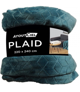 Plaid en Flanelle à Motif Reliefé Géométrique, Bleu Canard, 220x240cm, Polyester - Atout Ciel