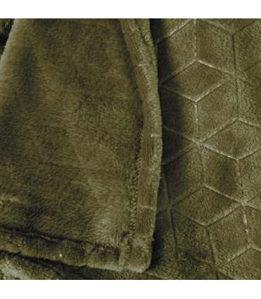 Plaid en Flanelle à Motif Reliefé Géométrique, Kaki, 130x170cm, Polyester - Atout Ciel