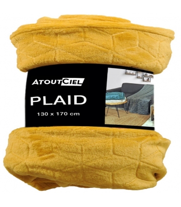 Plaid en Flanelle à Motif Reliefé Géométrique, Ocre, 130x170cm, Polyester - Atout Ciel