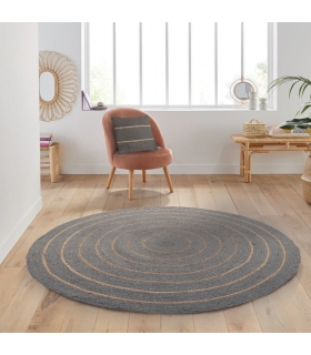 Tapis rond en coton tressé, effet jute rayé, gris, 80 cm - Atout Ciel 69019 Tapis rond en coton tressé, effet jute rayé, gris, 80 cm - Atout Ciel 69019