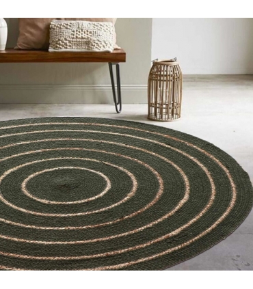 Tapis rond en coton tressé, effet jute rayé, kaki, 80 cm - Atout Ciel 69019