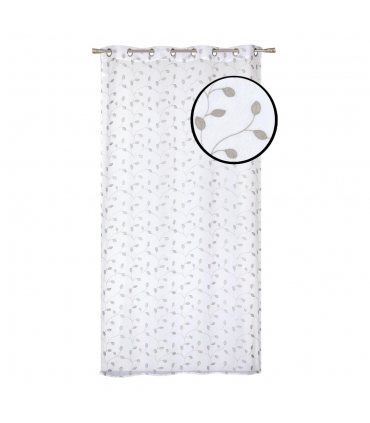 Voilage à œillets, blanc et broderie grise argentée 140x240cm - prêt à accrocher, Atout Ciel