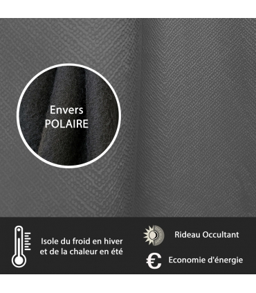 Rideau occultant thermique à œillets, velours frappé gris, doublure polaire 140x240cm - prêt à poser, Atout Ciel