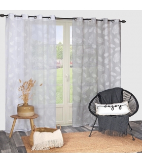 Rideau léger imprimé feuilles grise, 140x240cm à œillets  - facile à installer, Atout Ciel Rideau léger imprimé feuilles grise, 140x240cm à œillets  - facile à installer, Atout Ciel