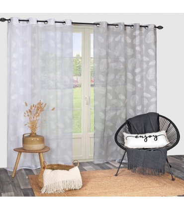 Rideau léger imprimé feuilles grise, 140x240cm à œillets  - facile à installer, Atout Ciel