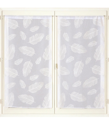 Voilages blancs imprimés feuilles, 2X 60x120cm avec tunnel passe-tringle - prêts à accrocher, Atout Ciel