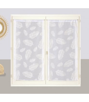 Paire de voilages blancs imprimés feuilles avec tunnel passe-tringle, 2X 60x90cm - prêts à poser, Atout Ciel
