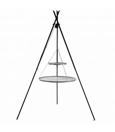 Barbecue 2 Grilles de Cuisson suspendu «TIPI» sur Trépied 210 cm – en acier inox 70 cm et 40 cm