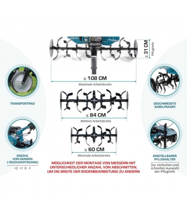 Motoculteur thermique 212cc, 6 fraises, largeur de travail de 108 cm - Könner  Söhnen KS 7HP-950A