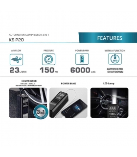 Mini compresseur à batterie 120W, 10 bars, Manomètre digital - Könner  Söhnen KS P20 Mini compresseur à batterie 120W, 10 bars, Manomètre digital - Könner  Söhnen KS P20