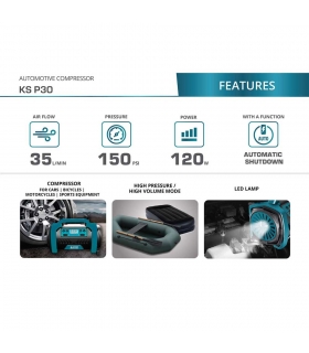 Compresseur d'air 10 bars, Vitesse de gonflage 35L/min, Puissance 120W - Könner  Söhnen KS P30 Compresseur d'air 10 bars, Vitesse de gonflage 35L/min, Puissance 120W - Könner  Söhnen KS P30