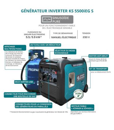 Générateur à essence-gaz de type inverter 5500W - Könner  Söhnen KS 5500iEG S