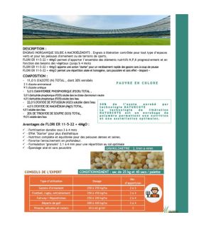 Engrais Flori ER 11-5-22   4 MgO (3/4) 25kg automne, renforce le gazon et réduit les déchets de tonte - Florivert NEG01812