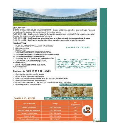 Engrais Flori ER 11-5-22   4 MgO (3/4) 25kg automne, renforce le gazon et réduit les déchets de tonte - Florivert NEG01812