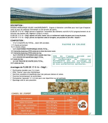 Engrais Flori ER 17-5-16   5 MgO (3/4), 25kg, effet starter, fertilisation prolongée - Florivert NEG01811