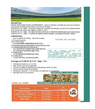 Engrais starter Flori ER 20-5-10   3 MgO   1 Fe (3/4) 25kg, idéal relance printemps - Florivert NEG01810