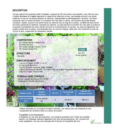 Terreau complet prêt à l'emploi Flori Fleurissement PAE 70L, idéal pour pots et balcon - Florivert NEG01617