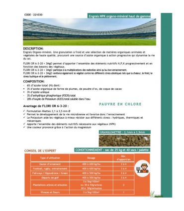 Engrais Flori Or 6-3-20   3MgO 25 kg renforce l'enracinement et le fleurissement, pour l'automne - Florivert NEG00980