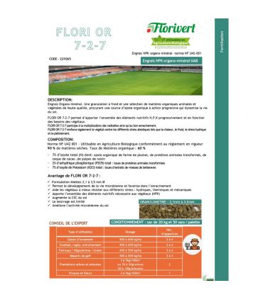 Engrais universel Flori Or 7-2-7 20 kg action équilibrée sol-plante-racine, à épandre toute l'année - Florivert NEG00992