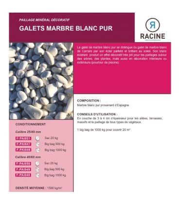 Galet marbre blanc pur 40-60mm, 10 filets de 20 kg - F-PAI050-10x20