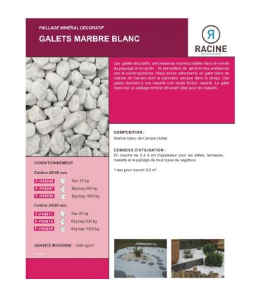 Paillage minéral Galet marbre blanc Carrare 25-40mm, sac 25 kg - F-PAI008
