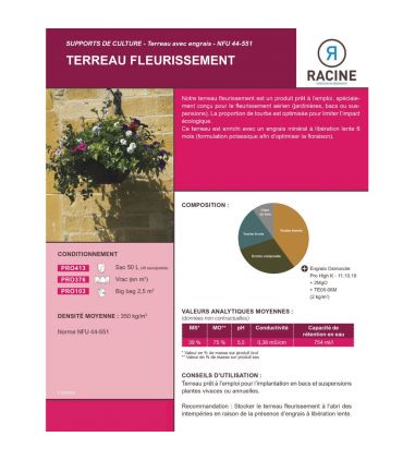 Terreau engrais fleurissement, sac de 50 l, plantes vivaces et annuelles - PRO413
