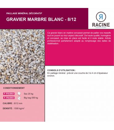 Paillage minéral Gravier marbre blanc 8-12mm, 10 sacs de 20 kg - F-PAI064-10x20
